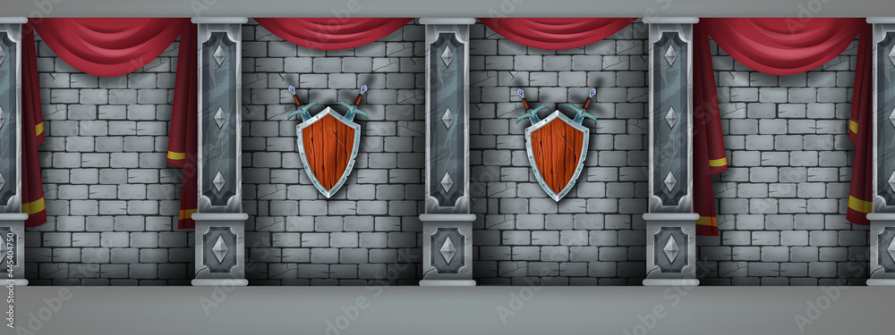 Ancient brick wall seamless background, vector stone castle interior,  marble pillars, medieval shield. Vintage architecture gallery, rock  columns, red curtains. Game brick wall backdrop, palace hall Stock Vector |  Adobe Stock