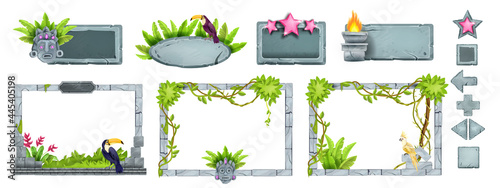 Jungle stone game UI frame set, ancient rock vector sign board, gray boulder buttons, toucan, tropical leaf. User interface design object, liana, Aztec totem face, granite menu panel. Stone frame kit