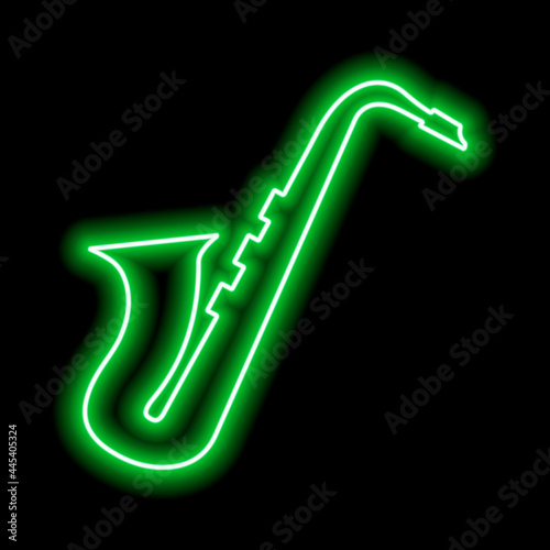 Neon saxophone on a black background. Green contour.