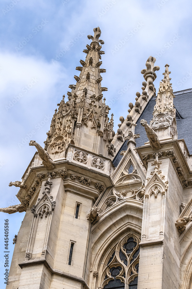 Architectural fragments of Sainte-Chapelle (Holy Chapel, 1379) in Vincennes. Vincennes (6.7 km from Paris), Val-de-Marne department, France.