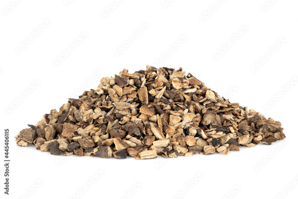 Burdock root herb used in herbal medicine to treat psoriasis, acne, anorexia nervosa, rheumatism, gout, fever and colds. On white background. Arctium. Burdock root herb used in herbal medicine to treat psoriasis, acne, anorexia nervosa, rheumatism, gout, fever and colds. On white background. Arctium.