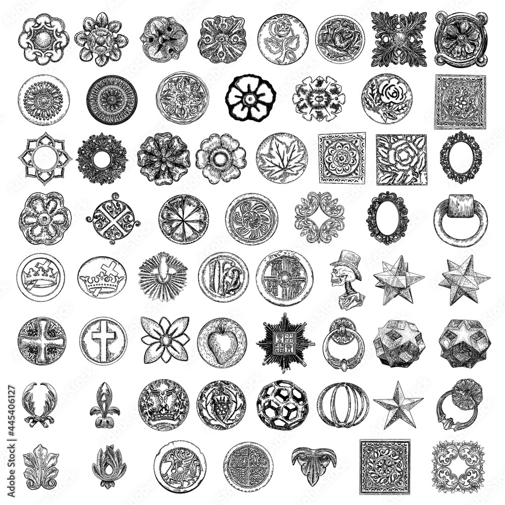 Set of decorative circle and square ornament of carved flowers. Round Christian cross, five pointed star, skull, amulet, sacred heart, holy ghost. Vector.