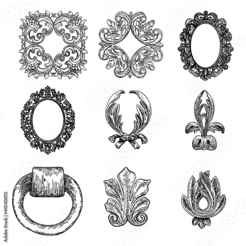 Flourishes and swirls flowers. Vintage baroque leaf scroll, floral ornament engraving in retro antique style. Damask elements. Vectror set.