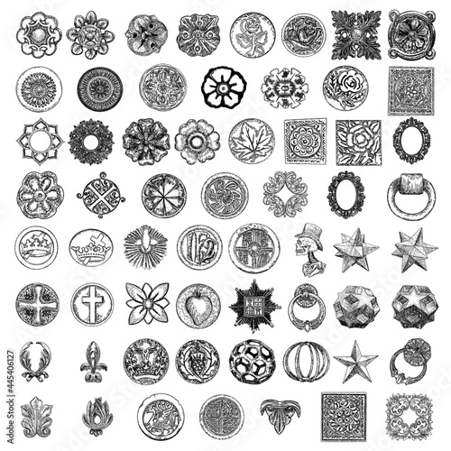 Set of decorative circle and square ornament of carved flowers. Round Christian cross, five pointed star, skull, amulet, sacred heart, holy ghost. Vector.