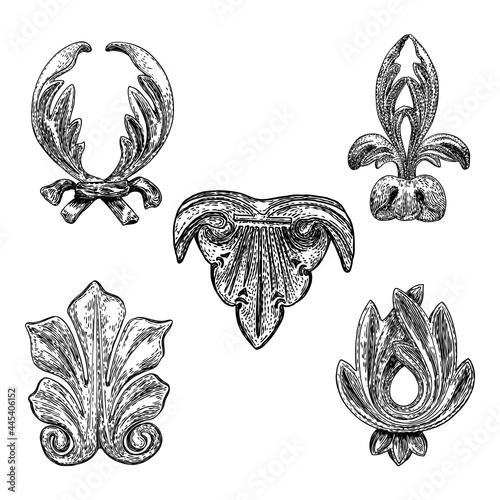 Set of Flourishes and swirls flowers. Vintage baroque leaf scroll, floral ornament engraving in retro antique style. Damask elements.