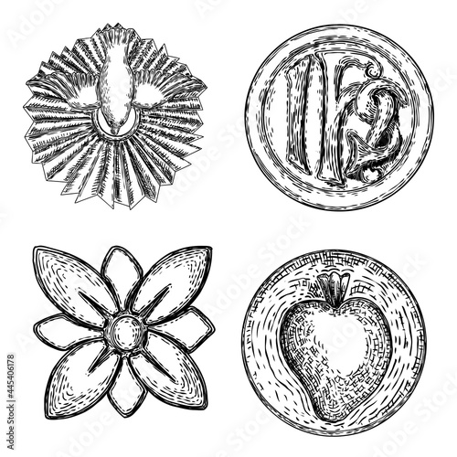 Set of decorative symbols. Circular decorative Christian religion designs and holy ghost, IHS, sacred heart in marble stone, symbol. Vector.