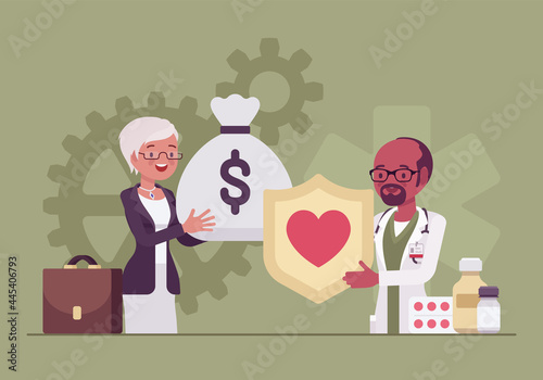 Hospital trustee giving money to administrator for financial health, stability. Female member of Board investing, millionaire making donation, contribution, generous sponsorship. Vector illustration