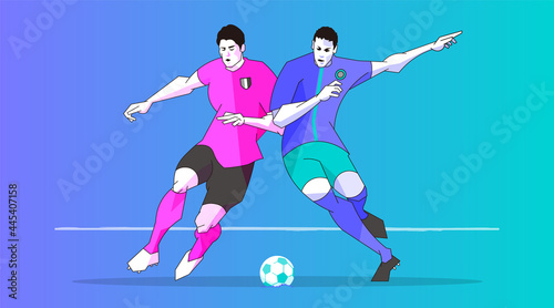 Soccer Powerful one on one offense and defense across the ball, digital color background. Vector