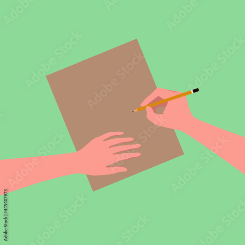 Illustrator draws, writes, paints. Artist holds the pencil. Hands, paper, workspace. Top view. Green background. Vector simple illlustration.