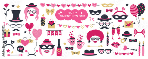 Cute Valentine Day photo booth props as set of party graphic elements of hearts, hats, mustaches, lips, costume as mask etc. Vector illustration. Vector illustration