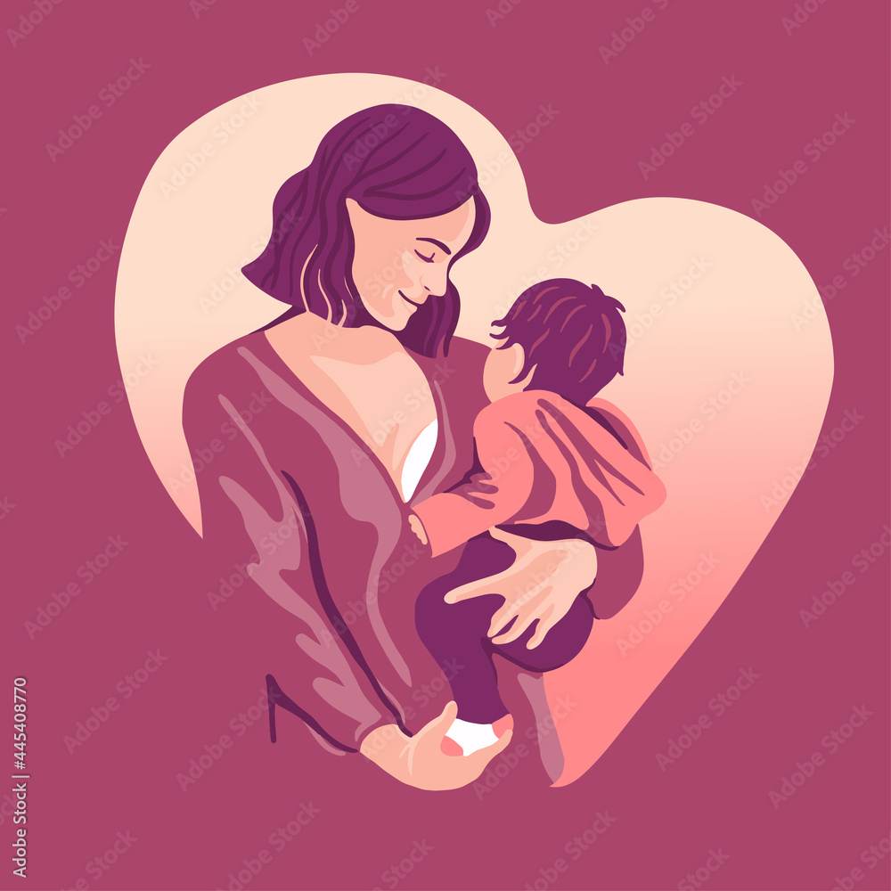 A young mother holds her son with care and love. Happy Mother's Day concept with mom and small boy. Vector illustration. Greeting Card.