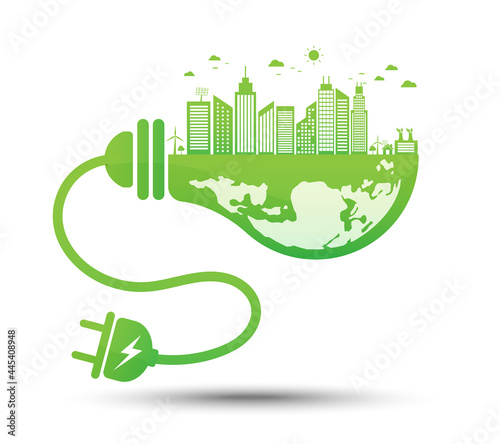 Ecology environmental concept. Light bulb earth symbol with green city.  Environmentally friendly world. Isolated on white background. Vector illustration in flat design.