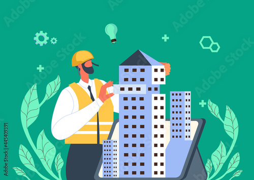 Real estate architecture building building illustration concept vector, Man working on housing project