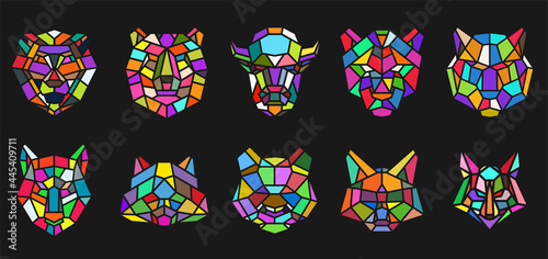 Set of animal head from lines in geometric polygonal style isolated on black color. Bear, bison, panther, panda, cat, lion, fox, wolf, tiger, raccoon. Modern graphic design element. Vector art.