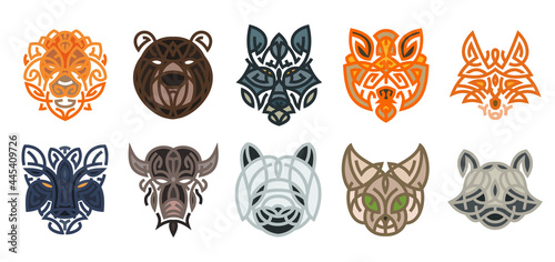 Set of animal head from lines in geometric color style isolated on white color. Bear, bison, panther, panda, cat, lion, fox, wolf, tiger, raccoon. Modern ornamental graphic design element. Vector art.