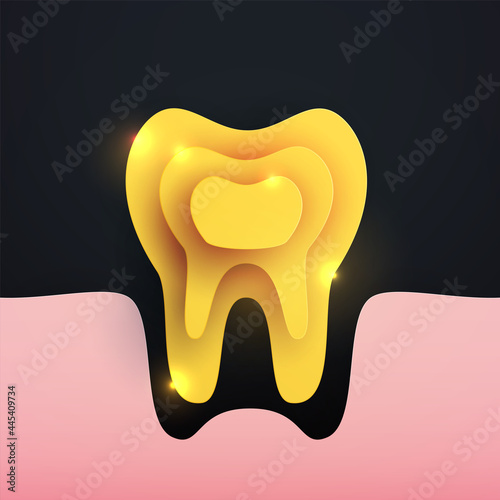 Golden tooth silhouette in modern creative style. Minimalistic luxury design concept. Premium healthcare medical composition art element. Bright paper cut layer vector illustration.