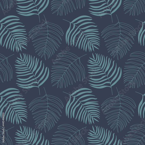 Vector tropical palm leaves outlines and filled in blue. Elegant and sophisticated seamless pattern  perfect for fashion  textiles  wallpaper  product packaging.