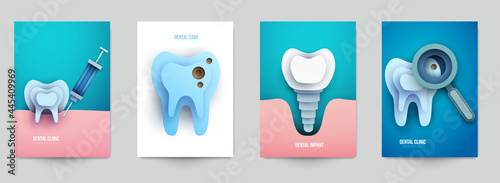 Set of dental concept covers for flyer, poster, banner in modern minimal style. Collection composition of background for design branding clinic, hospital. Geometric paper art vector illustration.