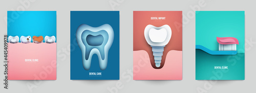 Set of dental concept covers for flyer, poster, banner in modern minimal style. Collection composition of background for design branding clinic, hospital. Geometric paper art vector illustration.