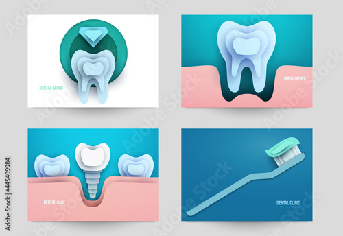 Set of dental concept covers for flyer, poster, banner in modern minimal style. Collection composition of background for design branding clinic, hospital. Geometric paper art vector illustration.