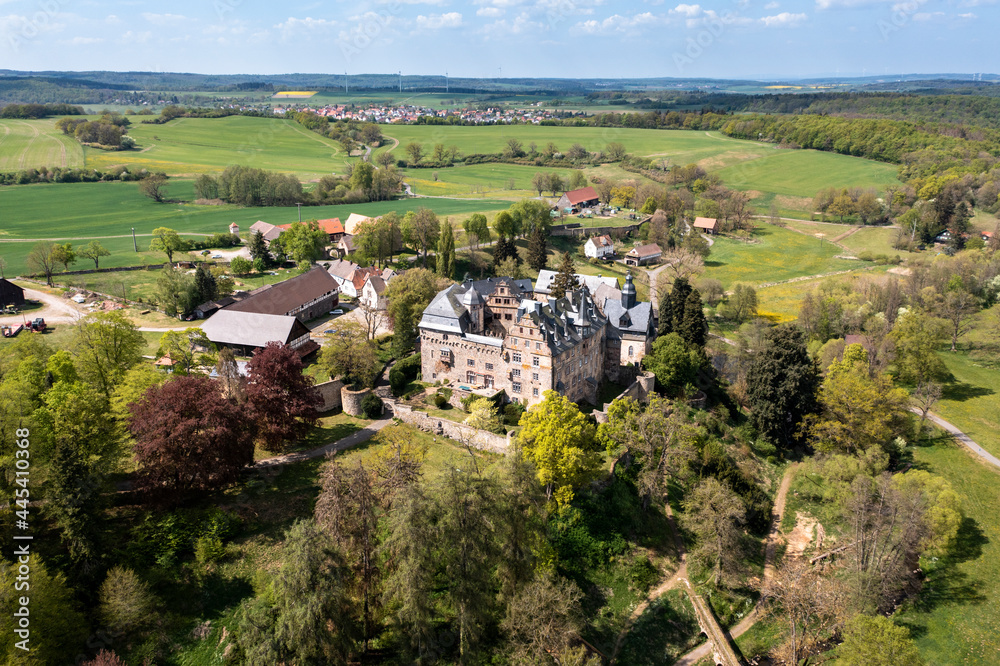 Drone view of Schloss Eisenbach on sunny day, Lauterbach, Hessen, Germany Drone view of Schloss Eisenbach on sunny day, Lauterbach, Hessen, Germany