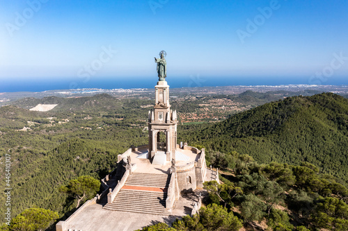 Spain, Balearic Islands, Helicopter view of monument to Jesus Christ at Sanctuary of Sant Salvador photo
