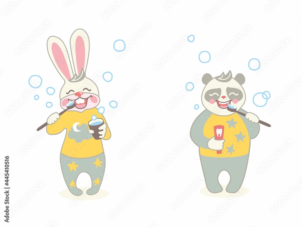 Fototapeta premium KIDS DENTAL, CUTE ANIMAL, BUNNY AND PANDA BRUSH THEIR TEETH, VECTOR ILLUSTRATION FOR KIDS PRODUCTS