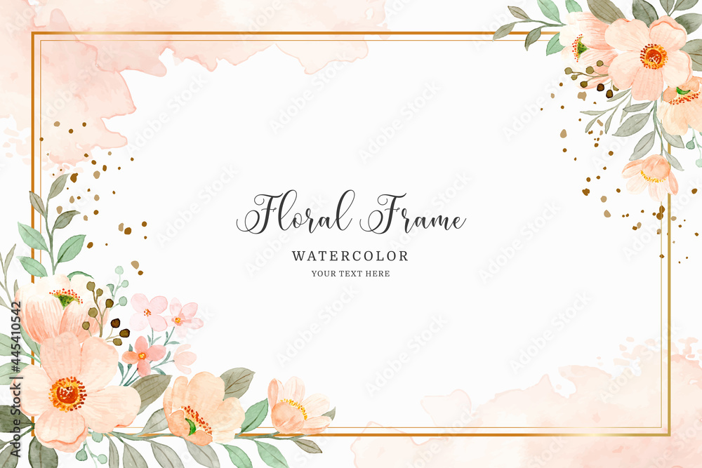 Watercolor floral background with golden frame Stock Vector | Adobe Stock