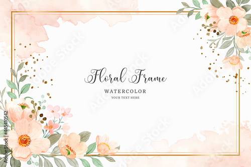 Watercolor floral background with golden frame