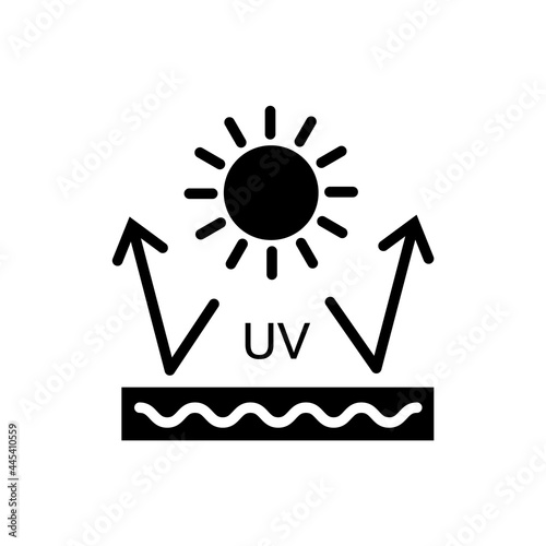 Ultraviolet protection glyph icon. Sun resistant material Fabric feature. Textile industry. Fiber type. Black symbol