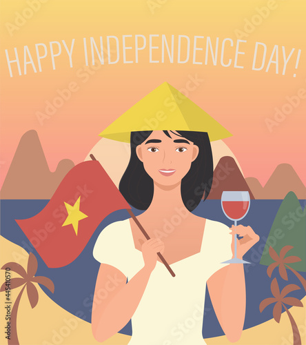 A cute girl in a nonla hat stands against the background of the sea and mountains, holding the flag of Vietnam and a glass of wine. Festive vector illustration for Vietnam Independence Day on Septembe