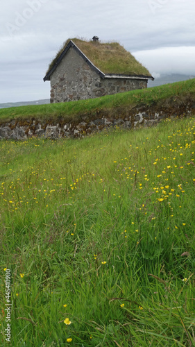 house with grass on the roof in the mountains, Faroes Islands, Torshaven, Skansin photo