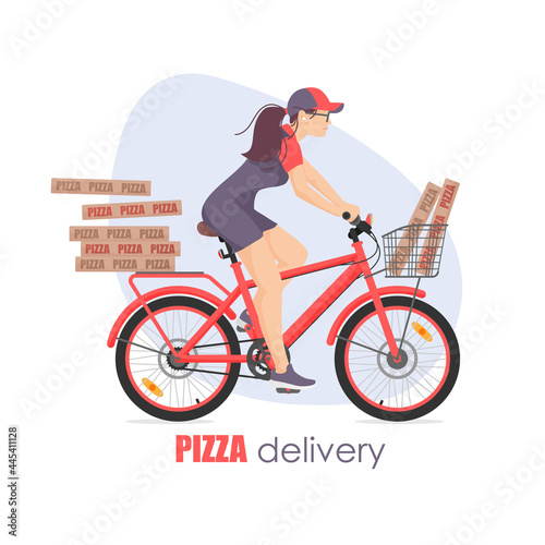 Girl, woman, courier on red bicycle, cycle, bike with delivery pizza box with blue spot on white background. Vector illustration for design, flyer, poster, banner, web, advertising.