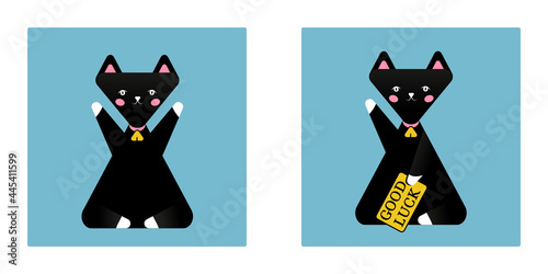 Good luck japanese symbol maneki neko black cat icon, cute hands up sitting cat japan style
