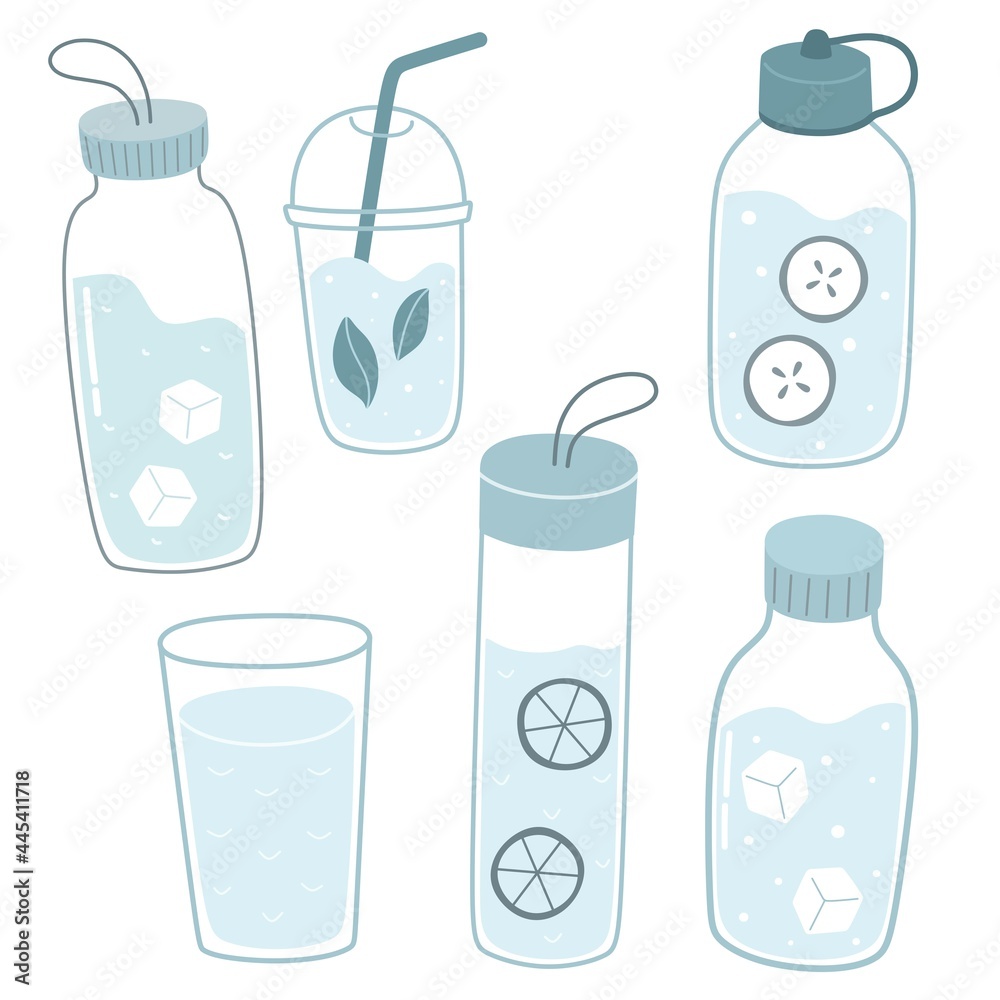 Drinking water in bottles with ice and lemon, mint leaves. Concept drink more water, healthy lifestyle. Vector set in flat style. Drinking water in bottles with ice and lemon, mint leaves. Concept drink more water, healthy lifestyle. Vector set in flat style.