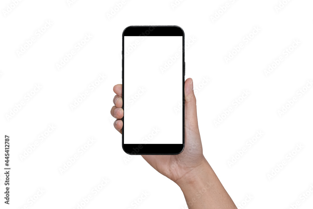 Hand holding Smartphone iPhone and isolated on white background for your mobile phone app or web site design, logo Global Business technology - include clipping path. (Businessman hand iPhone) Hand holding Smartphone iPhone and isolated on white background for your mobile phone app or web site design, logo Global Business technology - include clipping path. (Businessman hand iPhone)