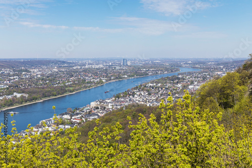 Germany, North Rhine Westphalia, View of Rhine river, Konigswinter, Bonn and Cologne seen from Drachenfels hill in spring photo