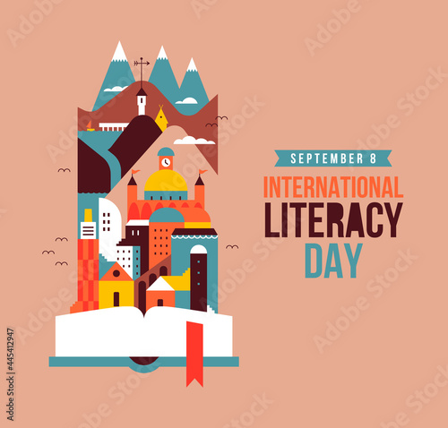 Literacy Day open book story city landscape card