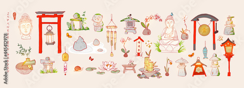 Japanese zen garden doodles. Hieroglyphs - zen, noble way.