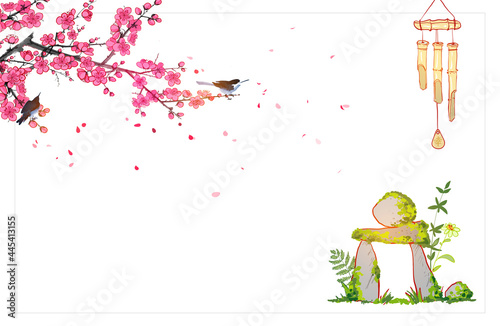 Japanese zen garden composition. Sakura blossom, zen rock scuplture and bamboo wind chime. Translation of hieroglyph - zen photo