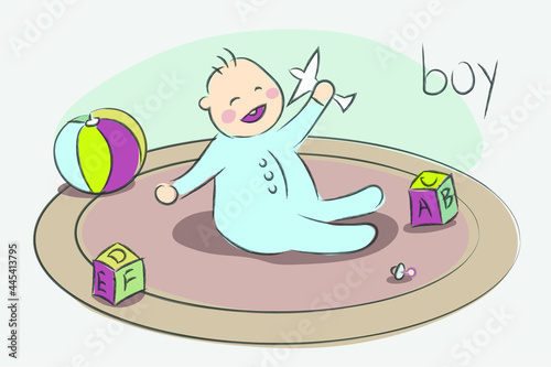 Cute hand-drawn baby boy playing with toys. Vector illustration.