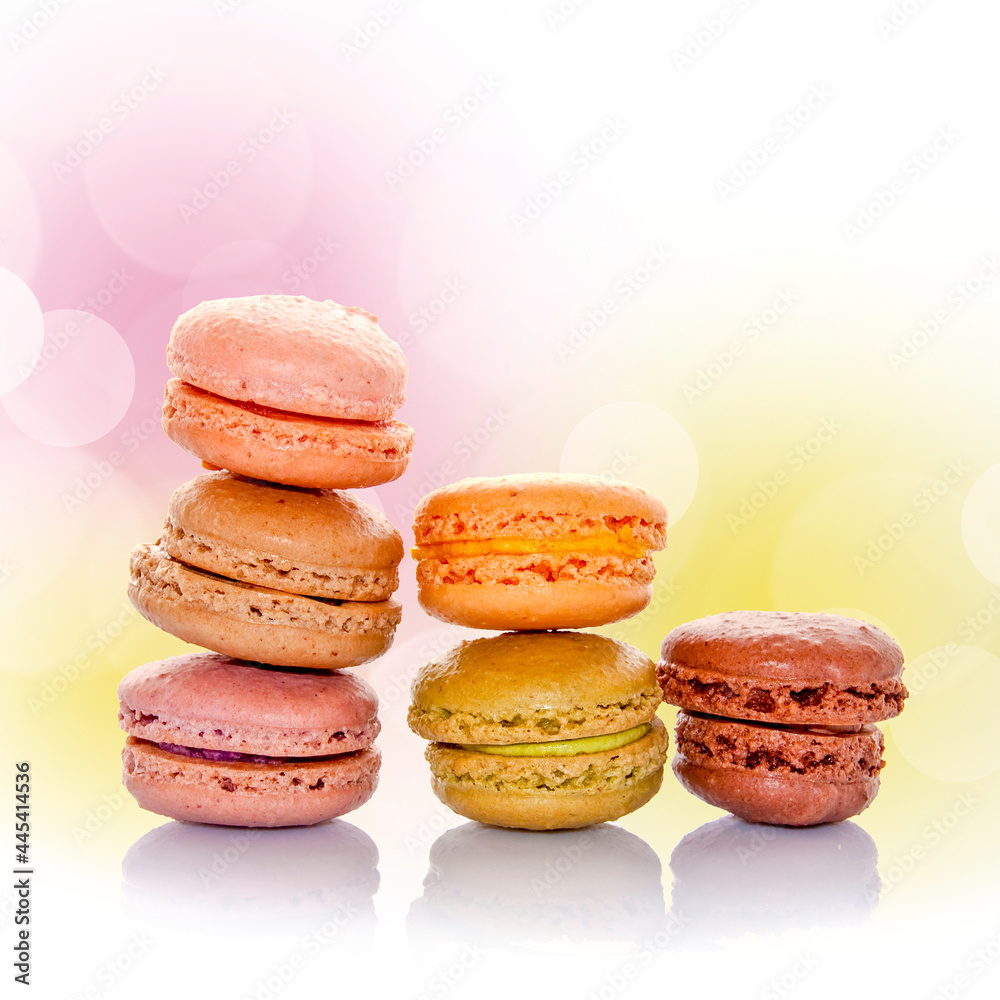 Pile of french macarons, bokeh background