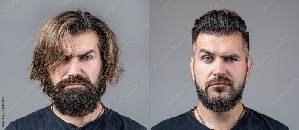Collage man before and after visiting barbershop, different haircut,  mustache, beard. Male beauty, comparison. Shaving, hairstyling. Beard,  shave before, after. Long beard. Hair style Stock Photo | Adobe Stock
