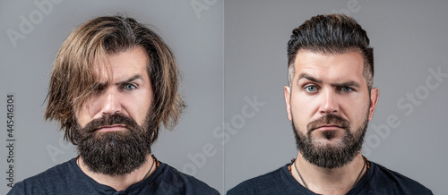 Collage man before and after visiting barbershop, different haircut, mustache, beard. Male beauty, comparison. Shaving, hairstyling. Beard, shave before, after. Long beard. Hair style
