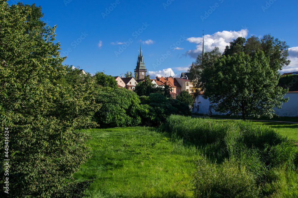 Chateau park with lots of trees and historic old town in Pardubice, Czechia
