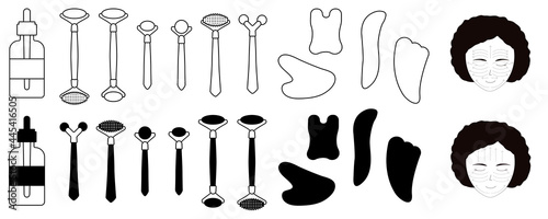 Collection of outline and simple vector icons of gua sha and jade roller tool for facial massage with oil and massage directions on a face.