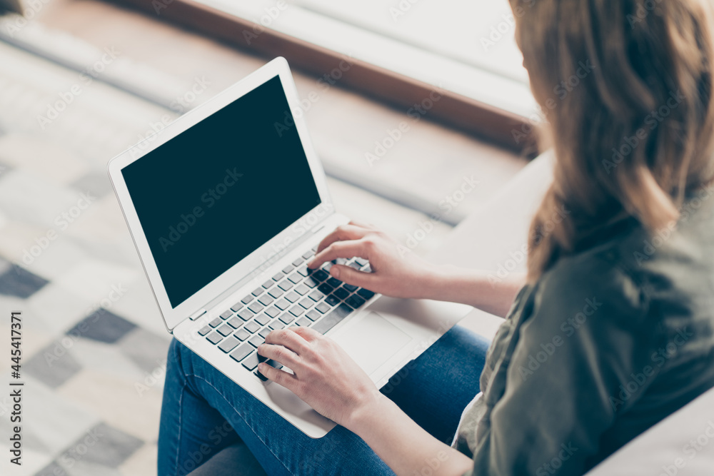 Profile side view portrait of attractive woman skilled copywriter sitting on divan using laptop writing text at home house flat indoors Profile side view portrait of attractive woman skilled copywriter sitting on divan using laptop writing text at home house flat indoors