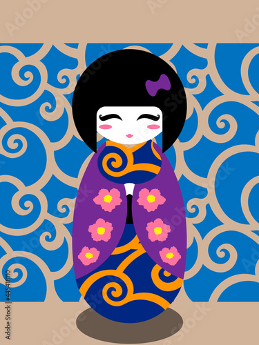 cute japanese kokeshi doll in bright floral kimono