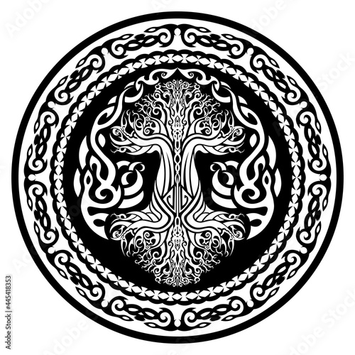 ornamental amulet with yggdrasil, viking tree of life in tribal celtic style