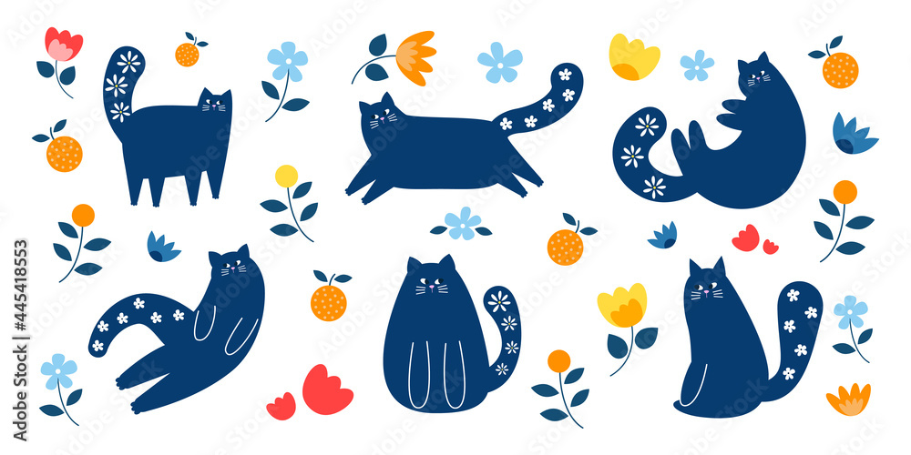 Set of cats in different poses.